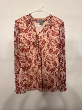 By Design Paisley Tie Neck Blouse Rust Cream Long Sleeve Large